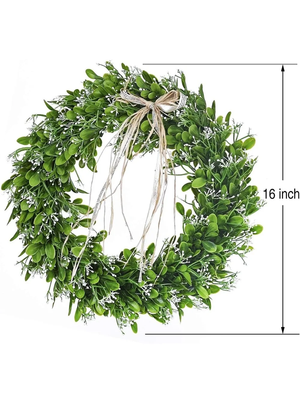 16in Green Plastic Boxwood Wreath with Natural Bow - Day to Day Home or Holiday